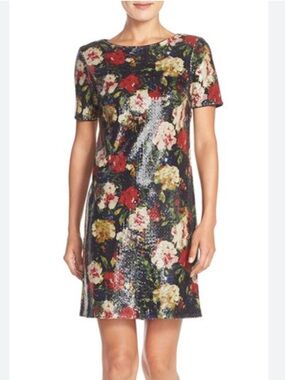 Marc New York Floral Sequin Short Sleeve Shift Dress Black Multi floral 6